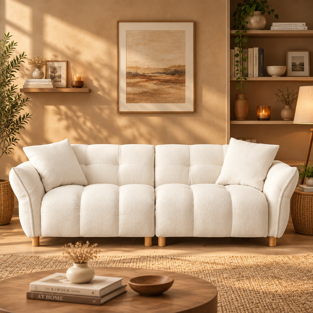 Beige 93.7 Teddy Fabric 3-seater Sofa with Matching Pillows