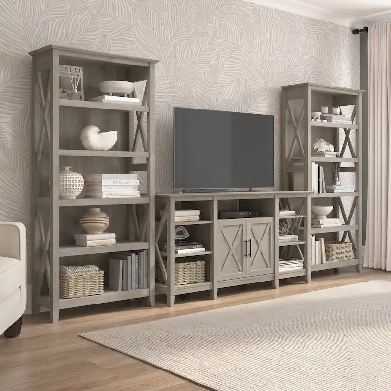 Tall Farmhouse TV Stand with 2 Bookcases