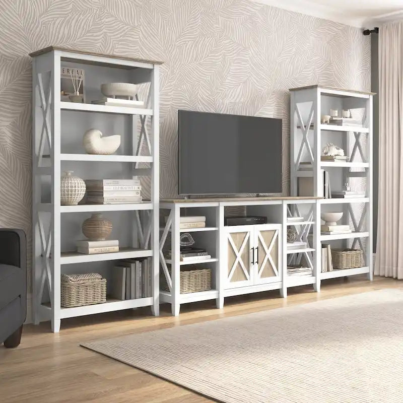 Tall Farmhouse TV Stand with 2 Bookcases