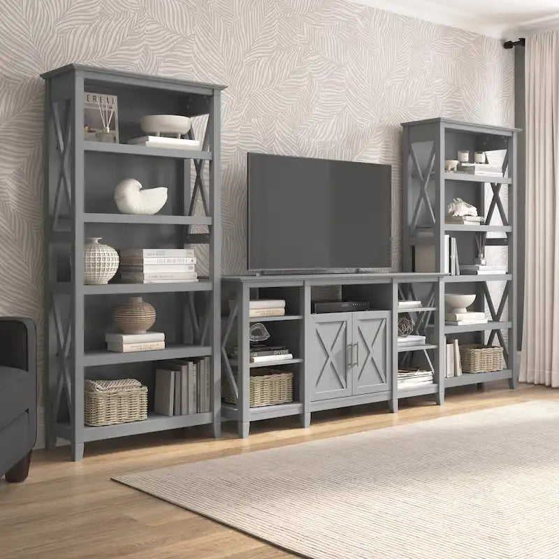 Tall Farmhouse TV Stand with 2 Bookcases