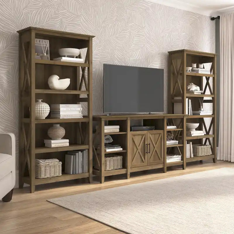 Tall Farmhouse TV Stand with 2 Bookcases