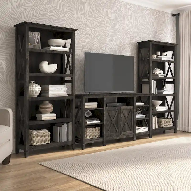 Tall Farmhouse TV Stand with 2 Bookcases