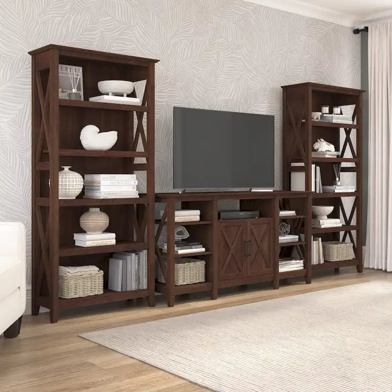 Tall Farmhouse TV Stand with 2 Bookcases