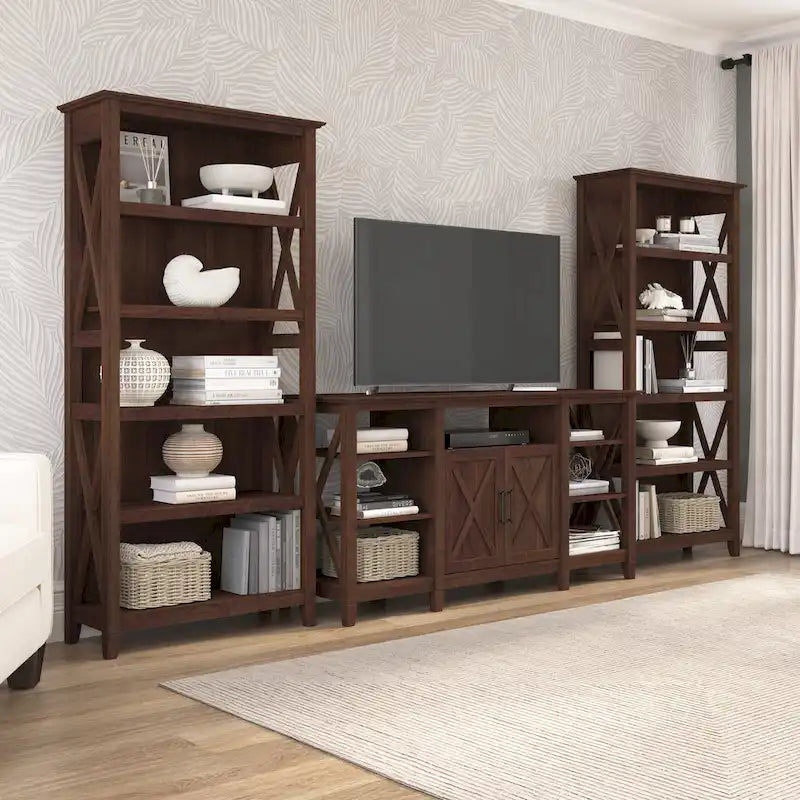 Tall Farmhouse TV Stand with 2 Bookcases