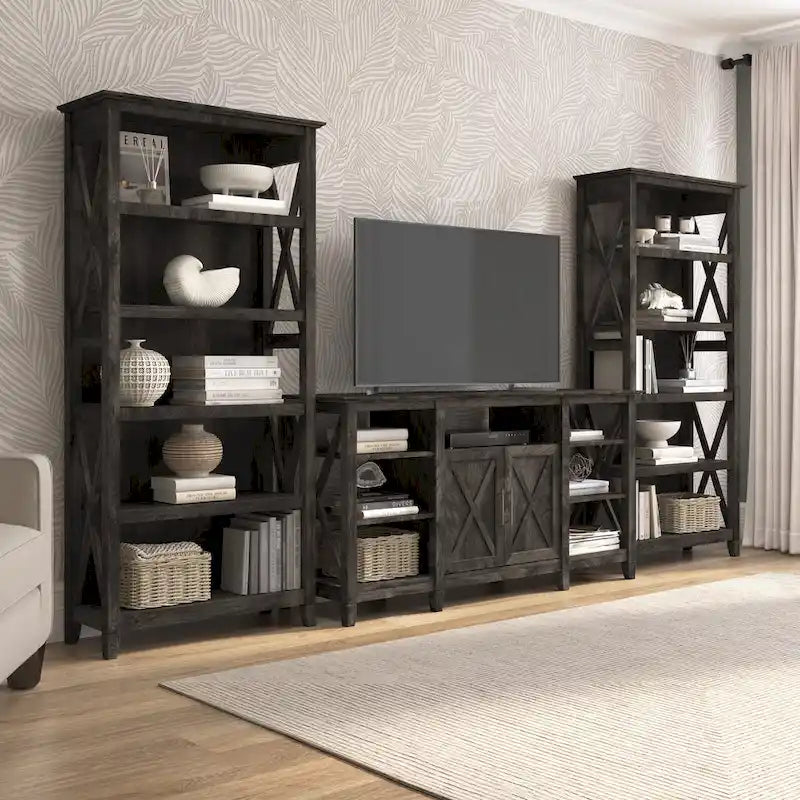 Tall Farmhouse TV Stand with 2 Bookcases
