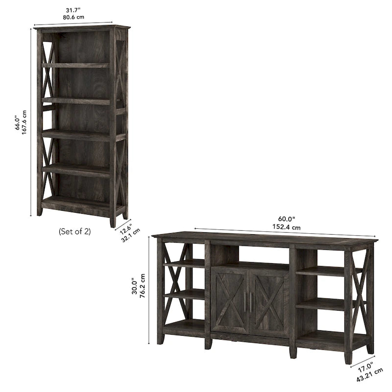 Tall Farmhouse TV Stand with 2 Bookcases