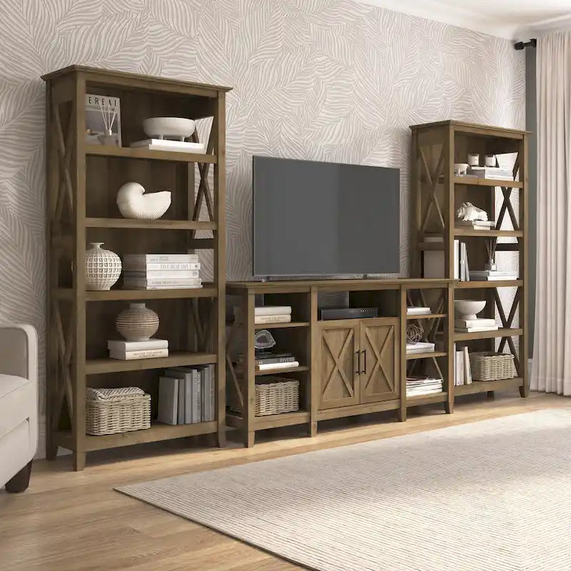Tall Farmhouse TV Stand with 2 Bookcases