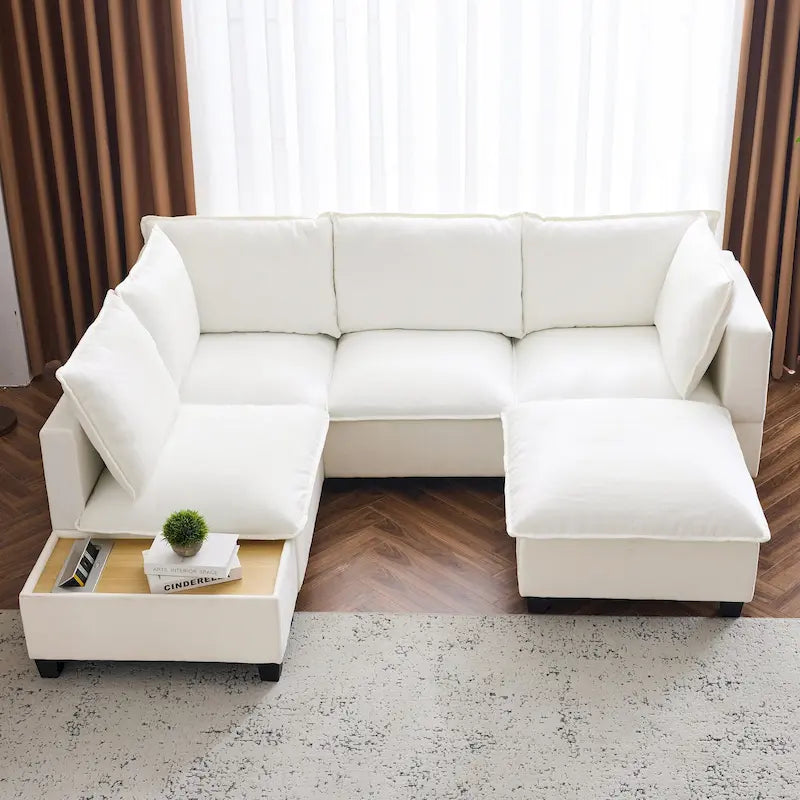U-shaped Sectional Sofa Modular Sofa Couch with Movable Ottoman Coffee Table and Hidden Charging Devices for Living Room