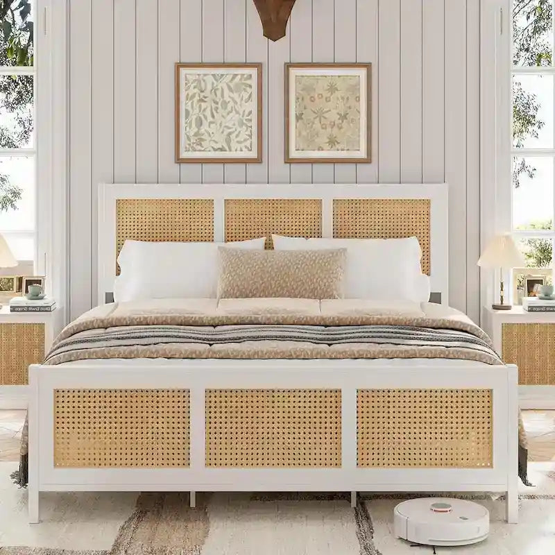 Bohemian Rattan Platform Bed Frame with Strong Metal Slats Support
