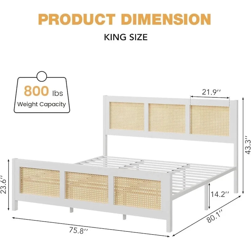 Bohemian Rattan Platform Bed Frame with Strong Metal Slats Support