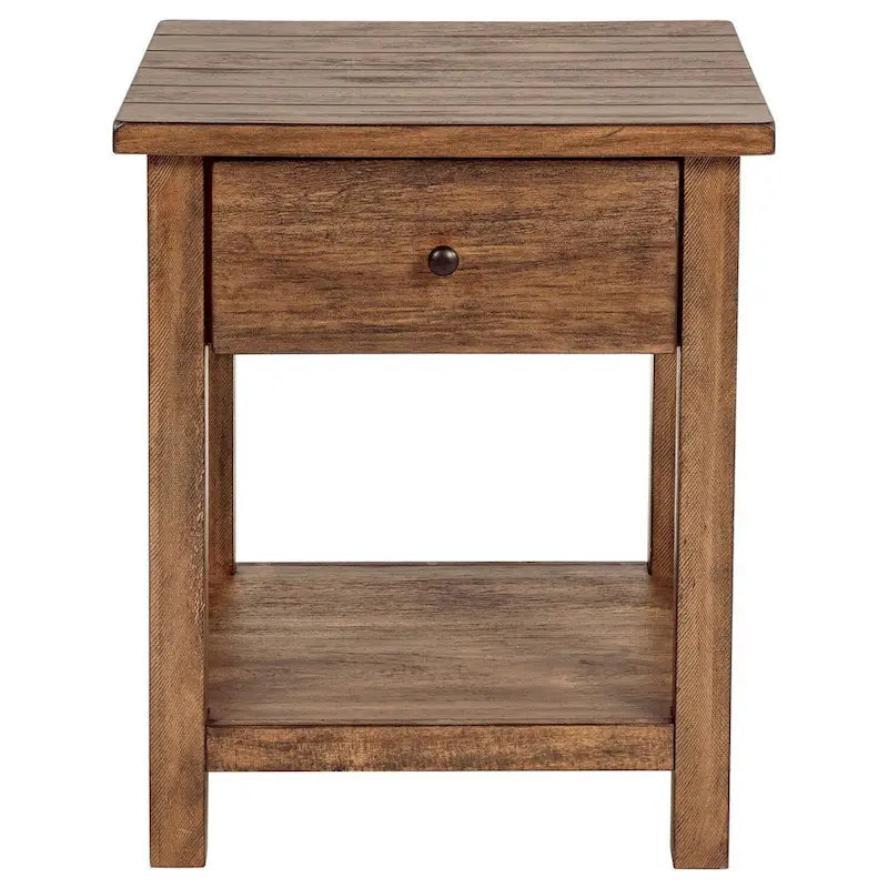 Side End Table, 1 Shelf, 1 Drawer, Brown Wood, Square 20 Inch