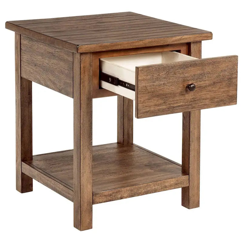 Side End Table, 1 Shelf, 1 Drawer, Brown Wood, Square 20 Inch
