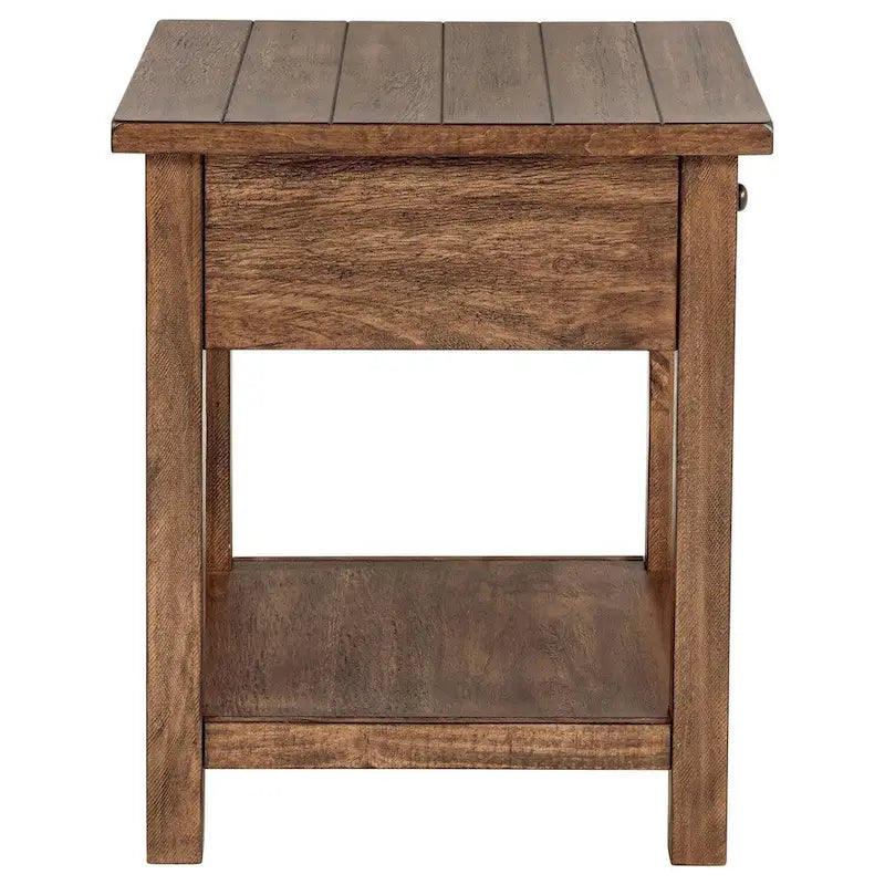 Side End Table, 1 Shelf, 1 Drawer, Brown Wood, Square 20 Inch
