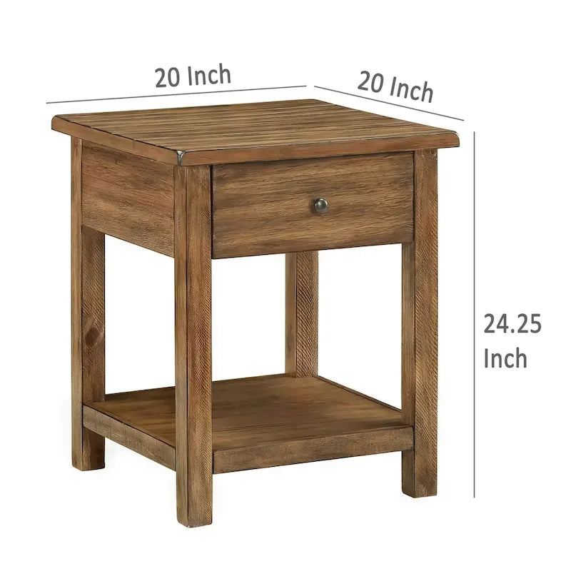 Side End Table, 1 Shelf, 1 Drawer, Brown Wood, Square 20 Inch
