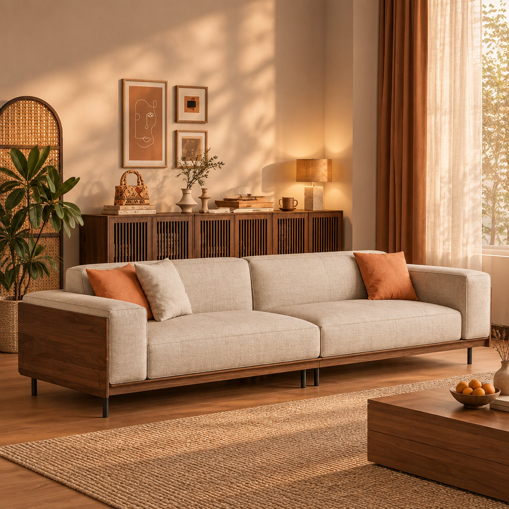 Mid-Century Modern 4 Seater Sofa Walnut Cotton Linen Upholstery, Removable Washable Covers, Deep Cushions with Pillows