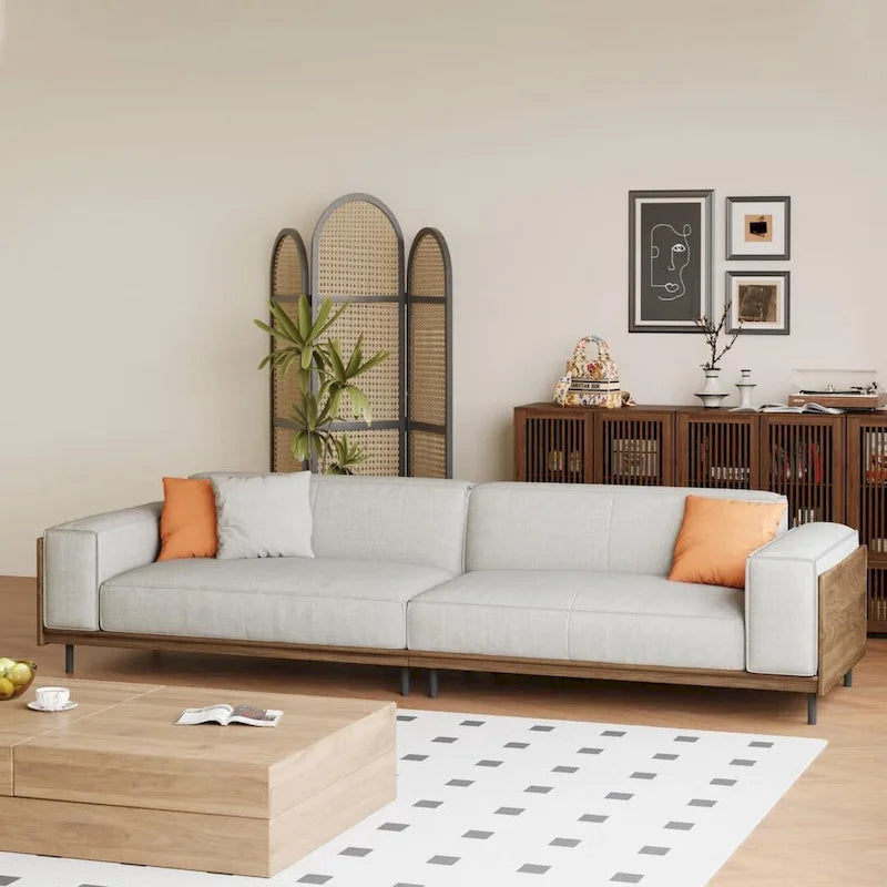 Mid-Century Modern 4 Seater Sofa Walnut Cotton Linen Upholstery, Removable Washable Covers, Deep Cushions with Pillows