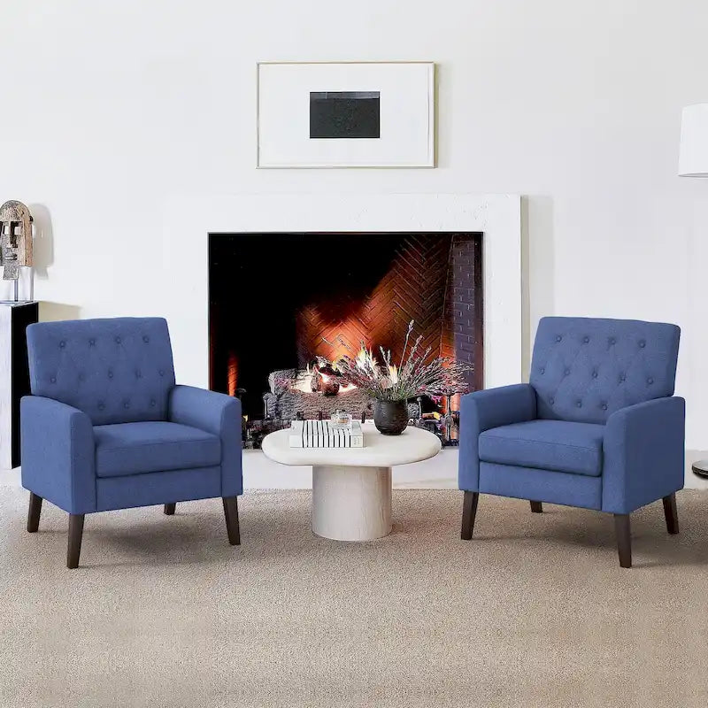 Linen and Walnut Legs Mid Century Modern Button Tufted Accent Chair (Set of 2) - 33.86 H X 27.95 W X 29.53 D