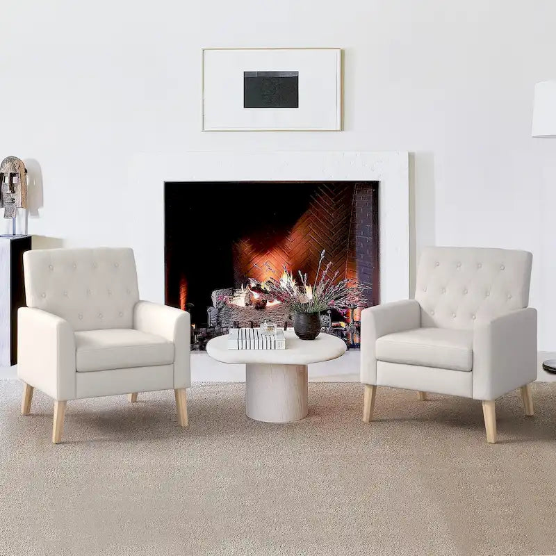 Linen and Walnut Legs Mid Century Modern Button Tufted Accent Chair (Set of 2) - 33.86 H X 27.95 W X 29.53 D