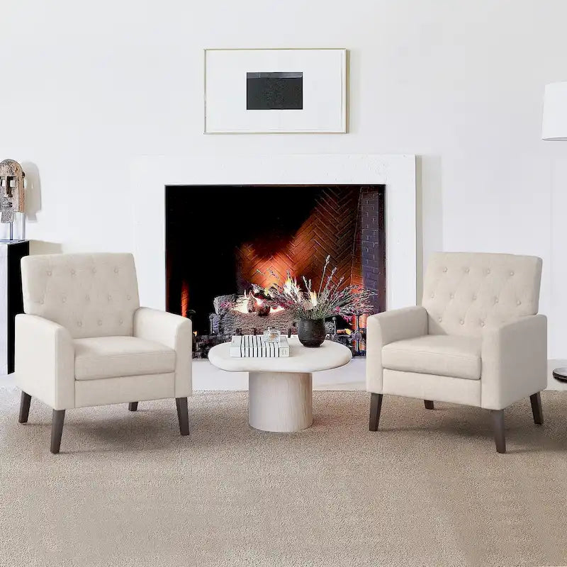 Linen and Walnut Legs Mid Century Modern Button Tufted Accent Chair (Set of 2) - 33.86 H X 27.95 W X 29.53 D