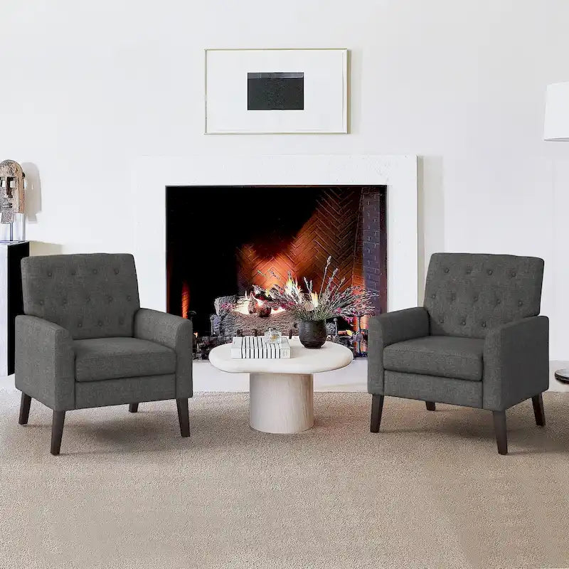 Linen and Walnut Legs Mid Century Modern Button Tufted Accent Chair (Set of 2) - 33.86 H X 27.95 W X 29.53 D