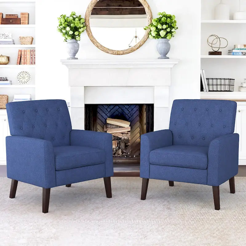 Linen and Walnut Legs Mid Century Modern Button Tufted Accent Chair (Set of 2) - 33.86 H X 27.95 W X 29.53 D
