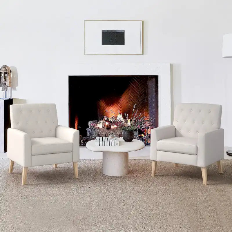 Linen and Walnut Legs Mid Century Modern Button Tufted Accent Chair (Set of 2) - 33.86 H X 27.95 W X 29.53 D