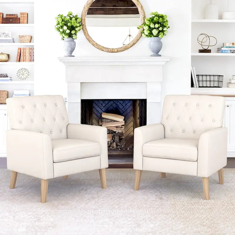 Linen and Walnut Legs Mid Century Modern Button Tufted Accent Chair (Set of 2) - 33.86 H X 27.95 W X 29.53 D