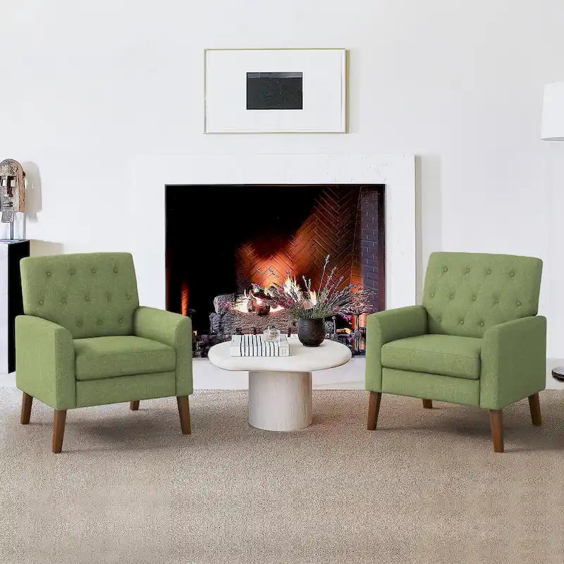 Linen and Walnut Legs Mid Century Modern Button Tufted Accent Chair (Set of 2) - 33.86 H X 27.95 W X 29.53 D