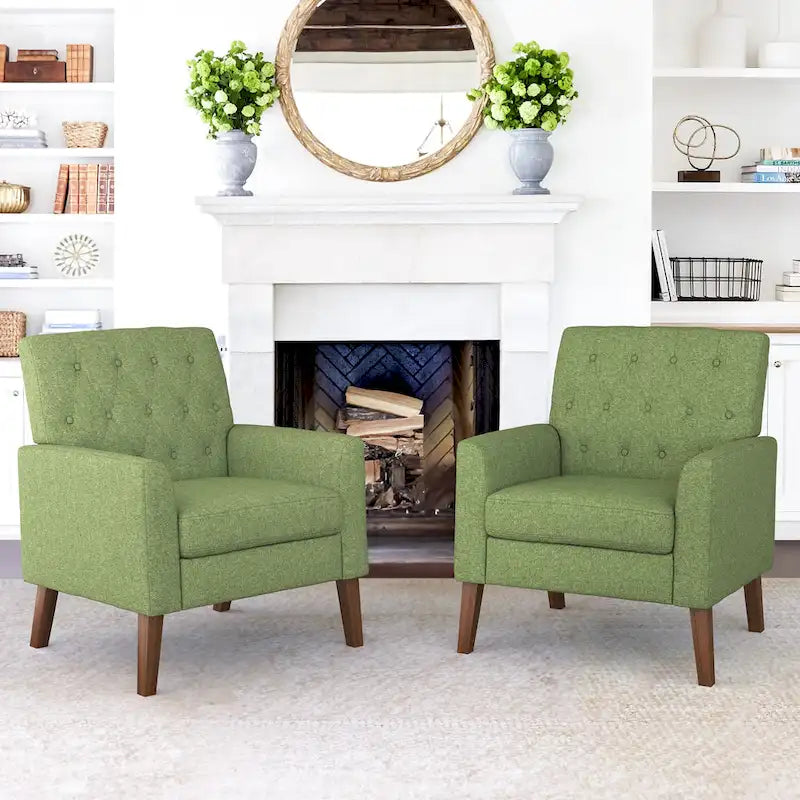 Linen and Walnut Legs Mid Century Modern Button Tufted Accent Chair (Set of 2) - 33.86 H X 27.95 W X 29.53 D