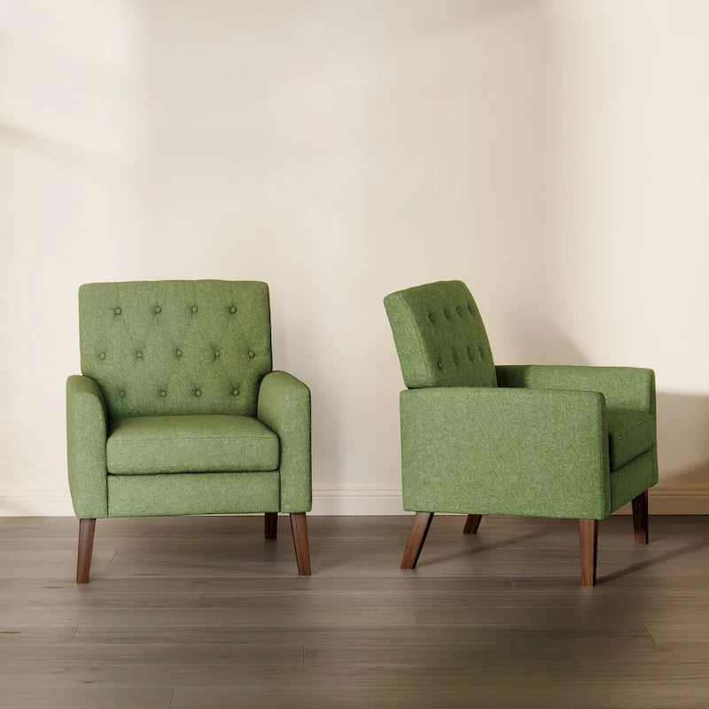 Linen and Walnut Legs Mid Century Modern Button Tufted Accent Chair (Set of 2) - 33.86 H X 27.95 W X 29.53 D