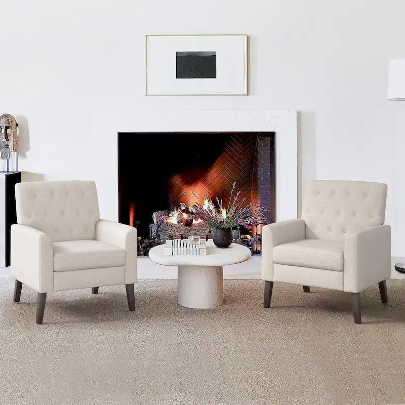 Linen and Walnut Legs Mid Century Modern Button Tufted Accent Chair (Set of 2) - 33.86 H X 27.95 W X 29.53 D