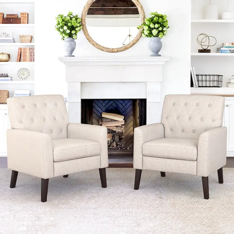 Linen and Walnut Legs Mid Century Modern Button Tufted Accent Chair (Set of 2) - 33.86 H X 27.95 W X 29.53 D