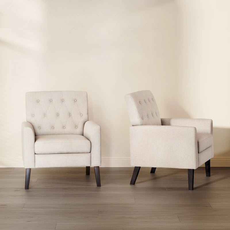 Linen and Walnut Legs Mid Century Modern Button Tufted Accent Chair (Set of 2) - 33.86 H X 27.95 W X 29.53 D