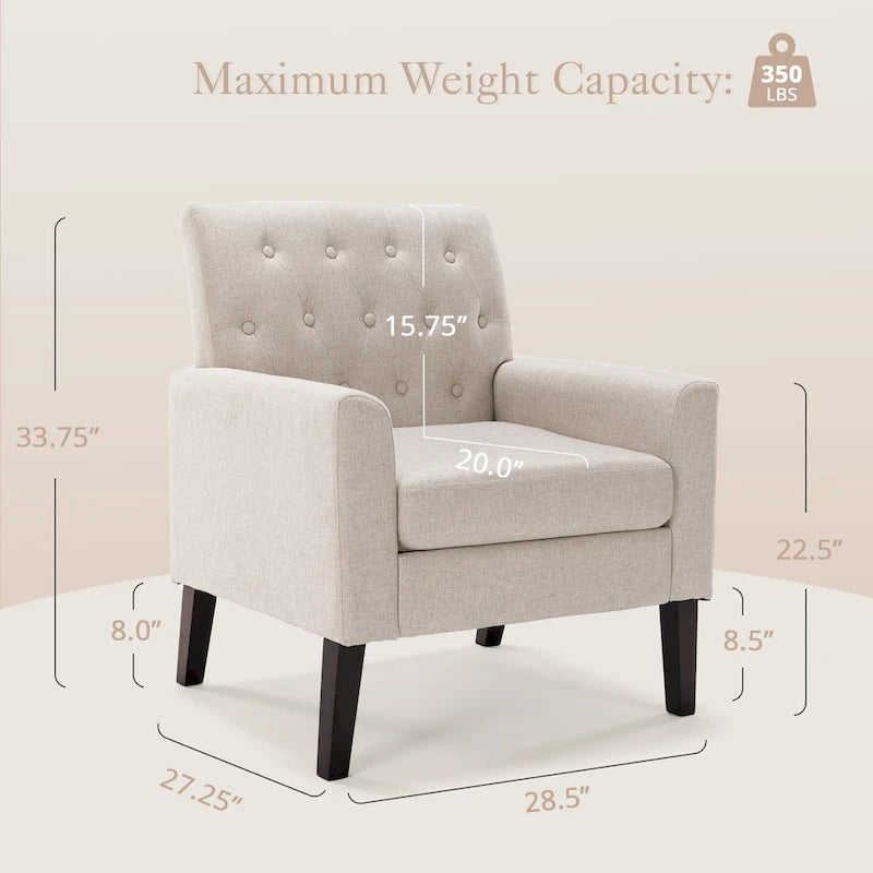 Linen and Walnut Legs Mid Century Modern Button Tufted Accent Chair (Set of 2) - 33.86 H X 27.95 W X 29.53 D
