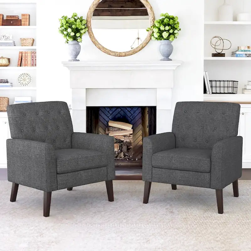 Linen and Walnut Legs Mid Century Modern Button Tufted Accent Chair (Set of 2) - 33.86 H X 27.95 W X 29.53 D