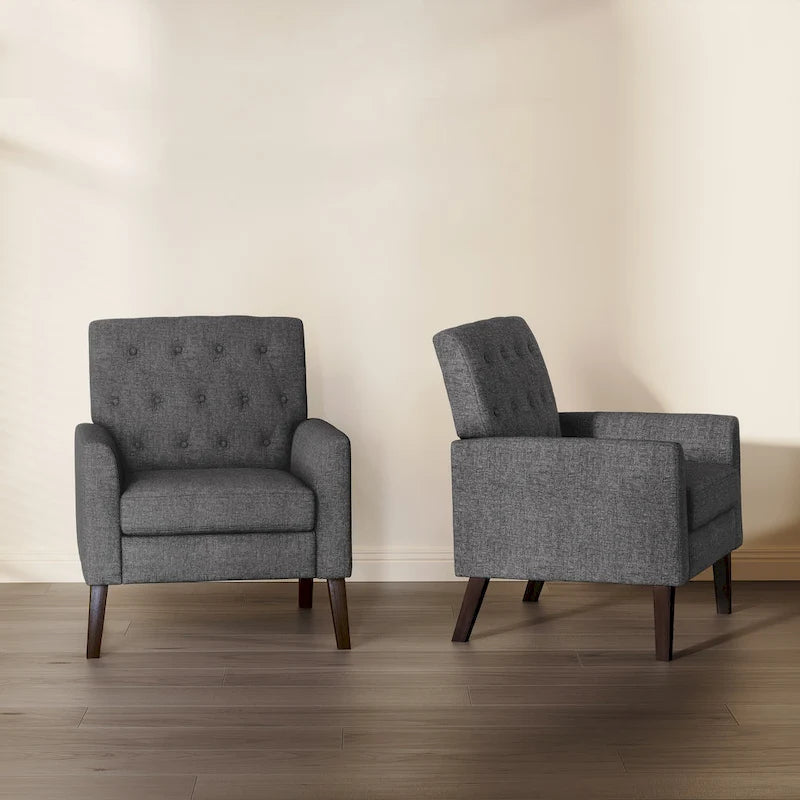 Linen and Walnut Legs Mid Century Modern Button Tufted Accent Chair (Set of 2) - 33.86 H X 27.95 W X 29.53 D