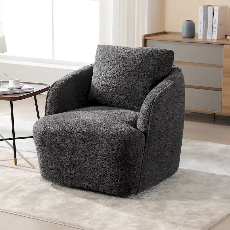 Boucle Fabric Upholstered Swivel Barrel Armchair With Pillow