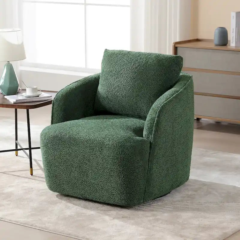 Boucle Fabric Upholstered Swivel Barrel Armchair With Pillow