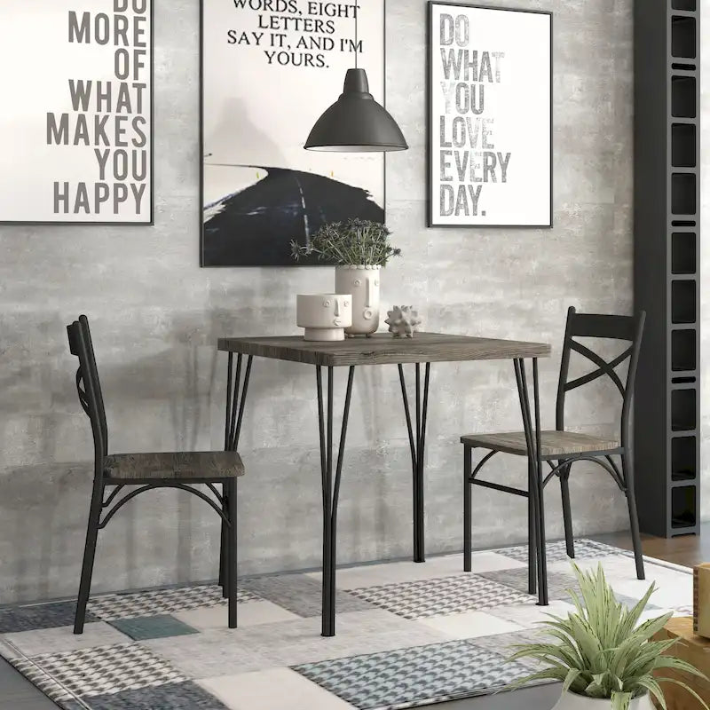 Industrial Metal Compact 3-Piece Square Dining Table Set