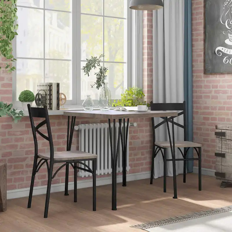 Industrial Metal Compact 3-Piece Square Dining Table Set