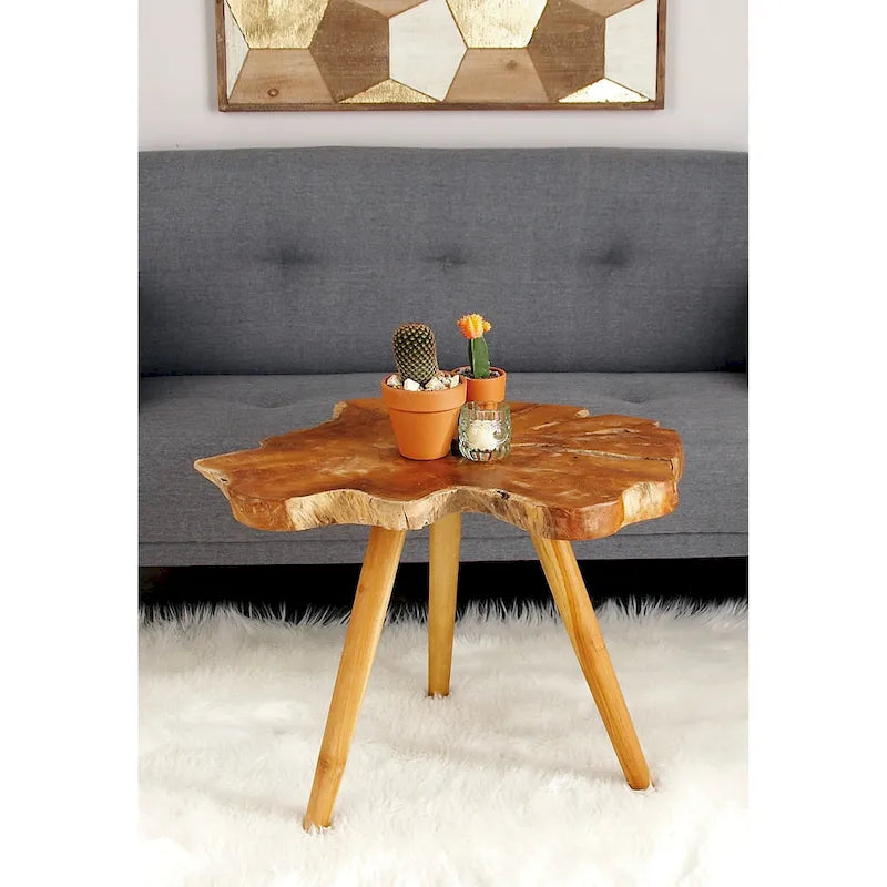 Teak Wood Handmade Live Edge Accent Table with Tripod Legs - Brown - 25W x 27L x 20H