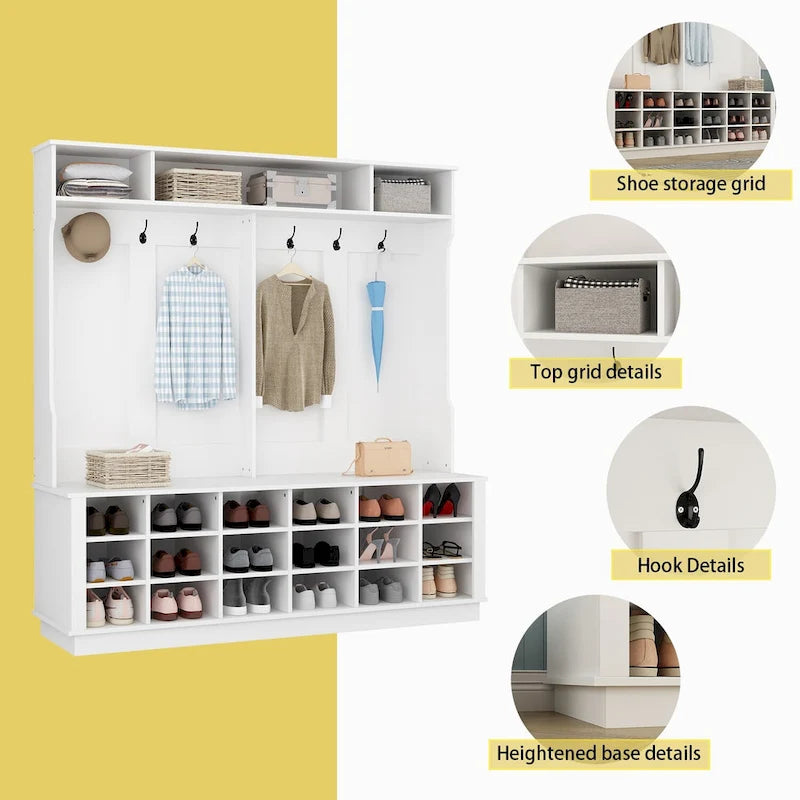 Large Hall Tree for Entryway Coat Rack Shoe Bench with Bottom Storage