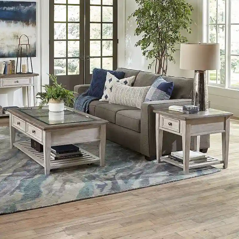 Antique White Living Room Table Set 3 Piece with Coffee Table, Side Tables