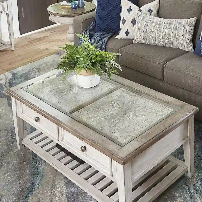 Antique White Living Room Table Set 3 Piece with Coffee Table, Side Tables