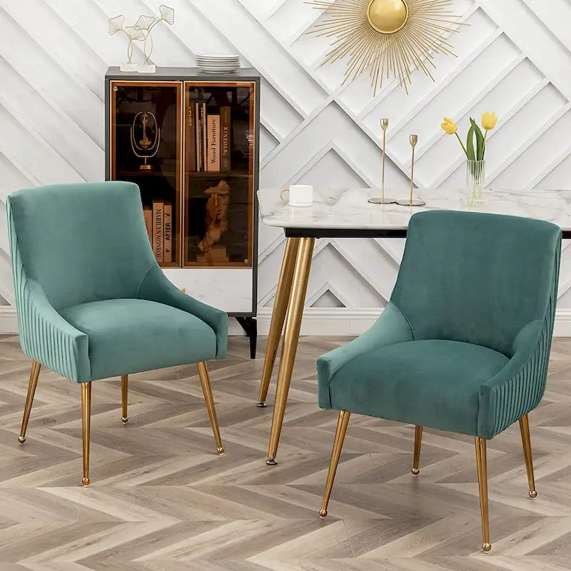 Modern Glam Boucle Pleated Velvet Dining Chair or Vanity Chair Set of 2 with Rear Handle