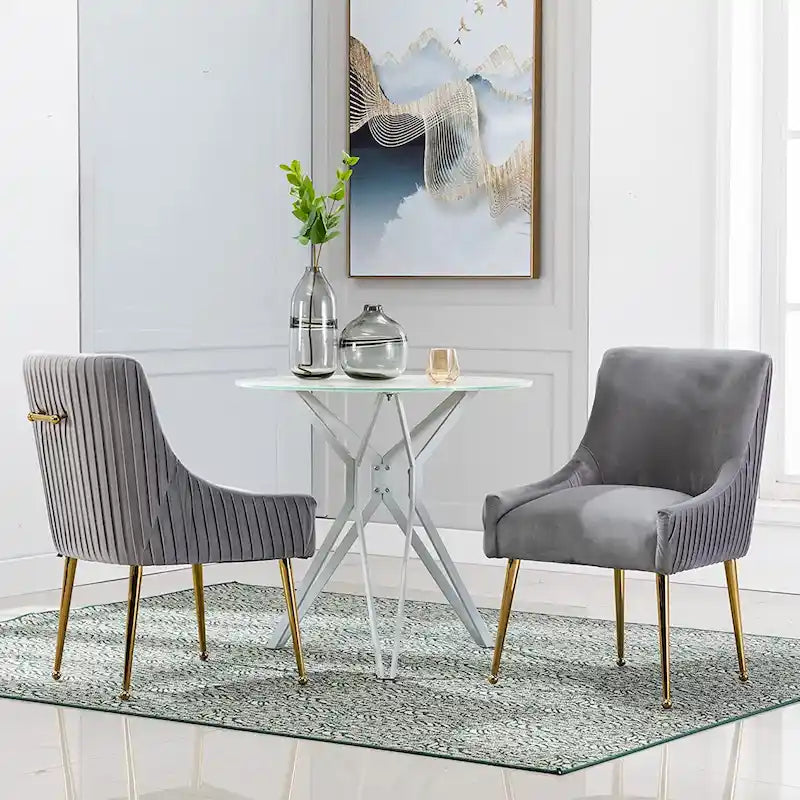 Modern Glam Boucle Pleated Velvet Dining Chair or Vanity Chair Set of 2 with Rear Handle