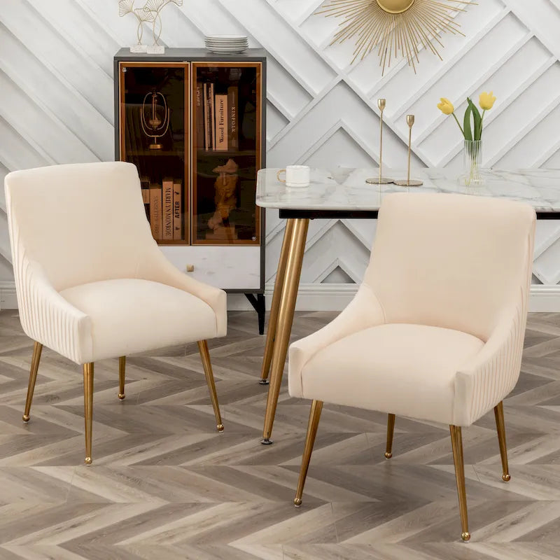 Modern Glam Boucle Pleated Velvet Dining Chair or Vanity Chair Set of 2 with Rear Handle
