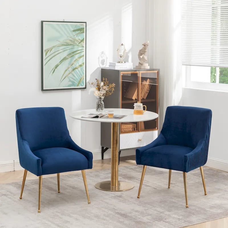 Modern Glam Boucle Pleated Velvet Dining Chair or Vanity Chair Set of 2 with Rear Handle