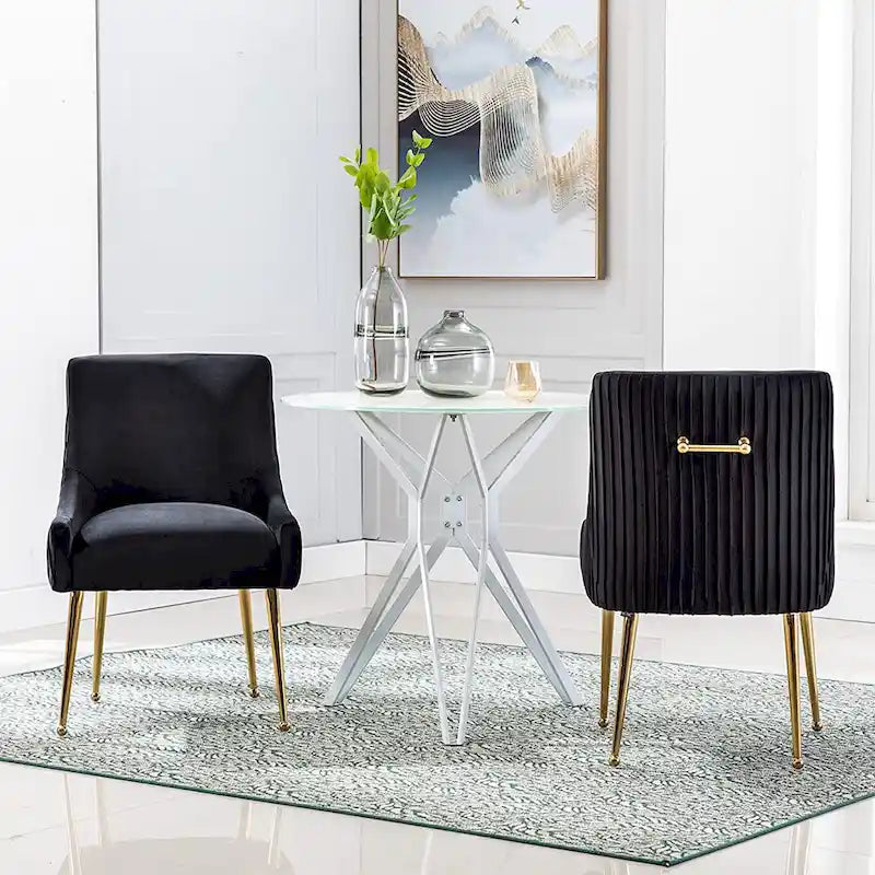 Modern Glam Boucle Pleated Velvet Dining Chair or Vanity Chair Set of 2 with Rear Handle