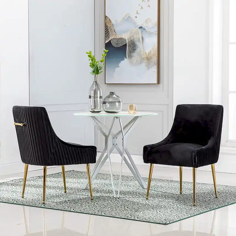 Modern Glam Boucle Pleated Velvet Dining Chair or Vanity Chair Set of 2 with Rear Handle